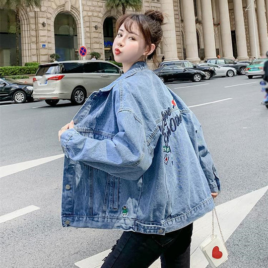 All-match Korean Style Loose Embroidered Denim Jacket Women