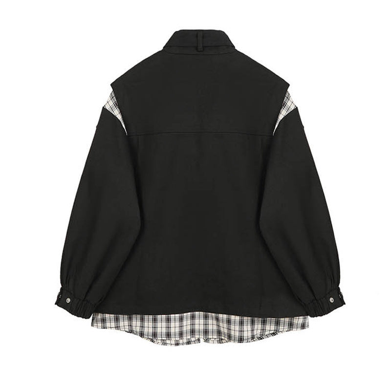 Contrasting Color Stitching Plaid Fake Two-piece Denim Jacket Women