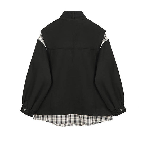 Contrasting Color Stitching Plaid Fake Two-piece Denim Jacket Women