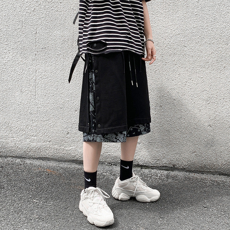 Hong Kong Style Breasted Shorts Men''s Hip Hop Cashew Flower Stitching Loose Fashion