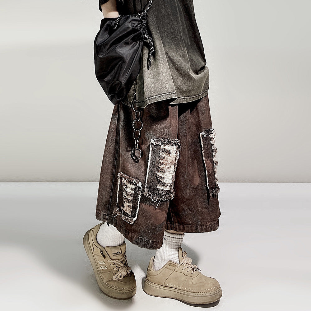 Vintage Wide Leg Straight Cropped Denim Shorts Men