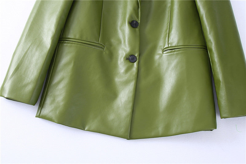 Single Breasted Casual Imitation Leather Suit Jacket Trousers Suit Women