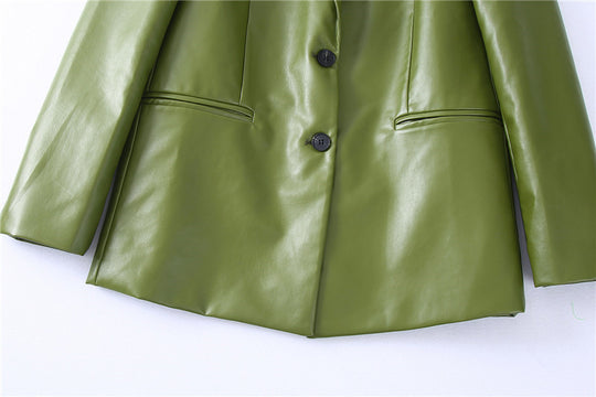 Single Breasted Casual Imitation Leather Suit Jacket Trousers Suit Women
