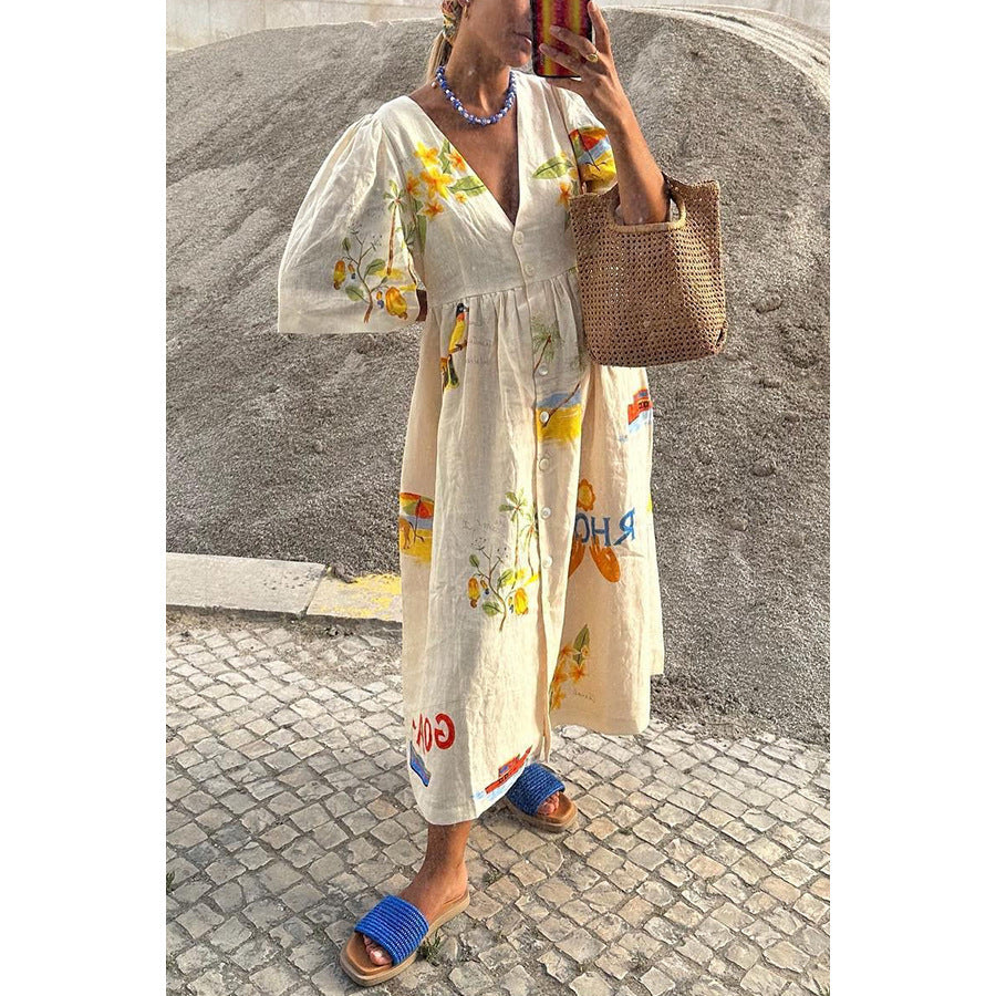 European And American Spring And Summer New Casual Five-point Puff Sleeve Dress INS Loose Vacation Dress For Women