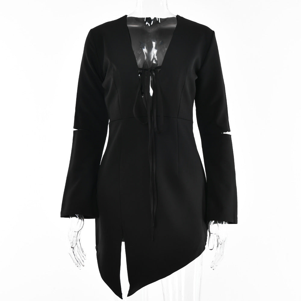 Irregular Design Slit Skirt For Women Summer New Long Sleeve Hollow Out V-neck Tied Dress