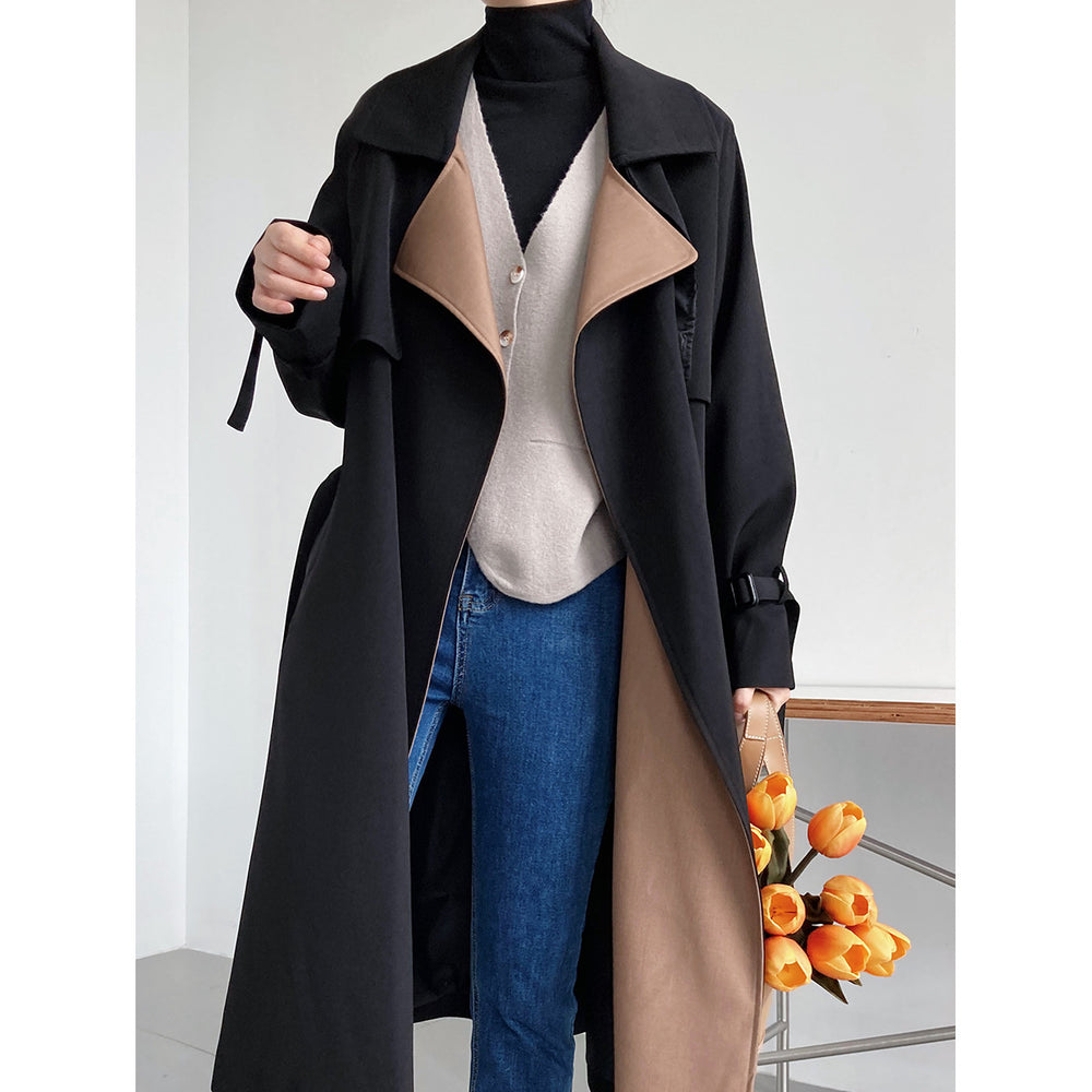Temperament Stitching Contrast Color Mid-length Windbreaker Jacket Women