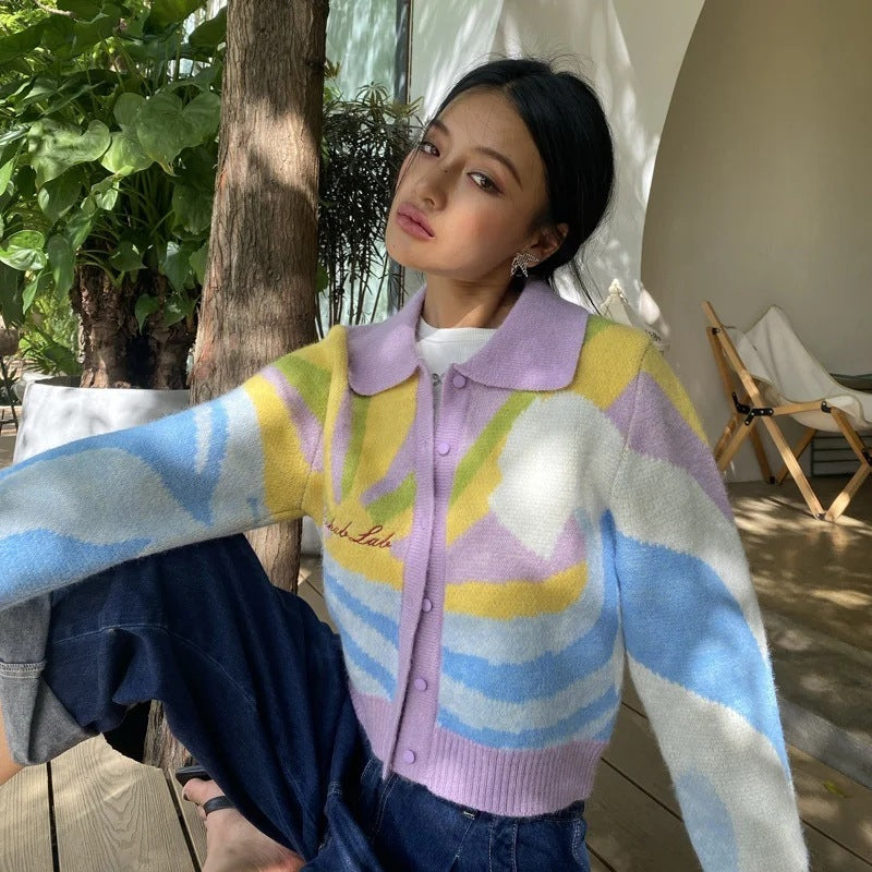 Color Oil Painting Letters Embroidery Knitted Jacket Women