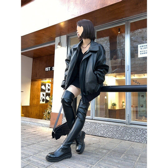 American Retro High-grade Black Leather Jacket Coat Women