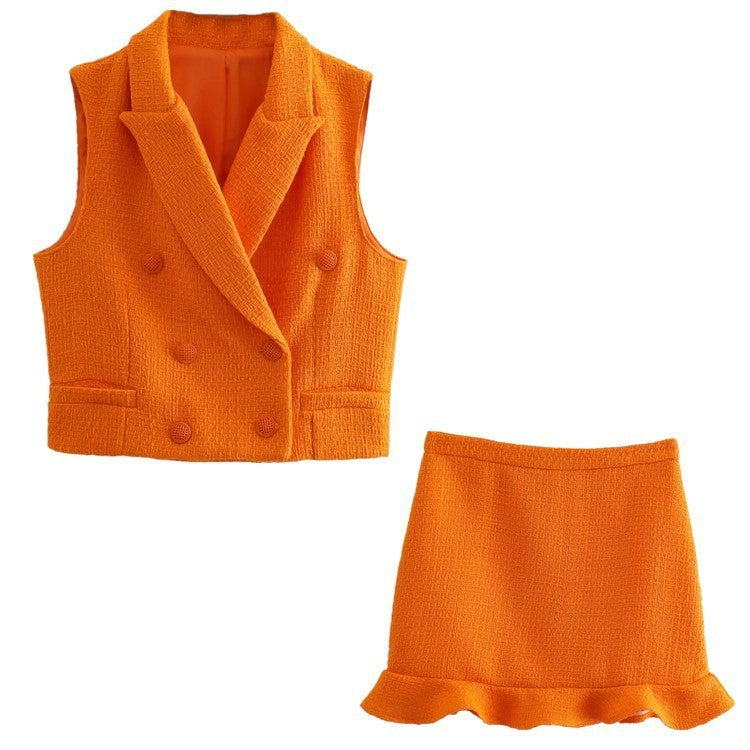 Women Cropped Textured Outer Tank Jacket And Skirt Set Za Fashionable Suit Collar Sleeveless Jacket