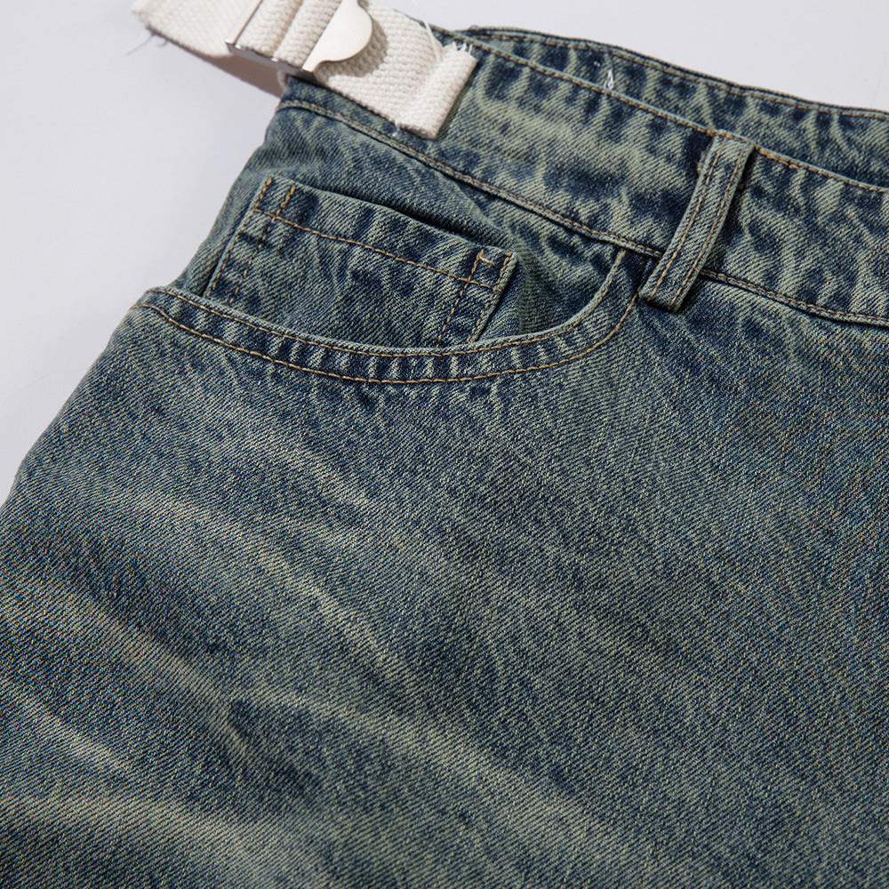 Washed Old Raw Edge Denim Shorts For Men
