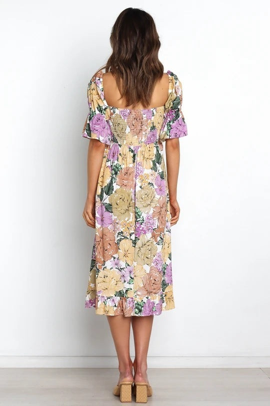 Foreign Trade In Stock Cross-border Spring And Summer New Ruffle Sleeve Big Flower Print Elastic Casual Dress For Women