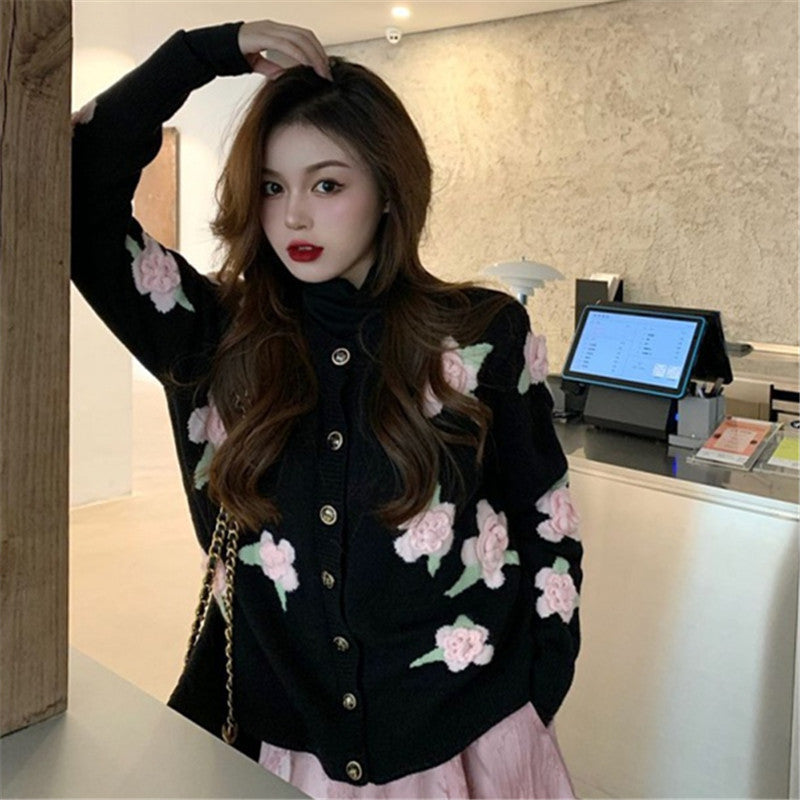 Women's Rose Flower Embroidery Hong Kong Style Sweater Women Jacket