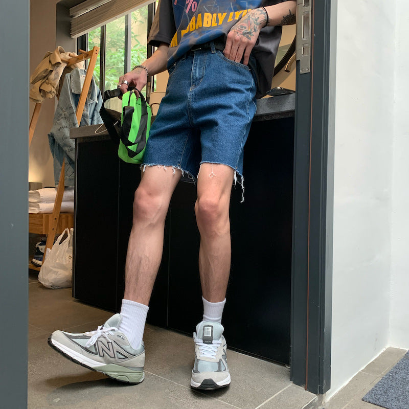 Compatible with Apple, CDC Studios Ins Same Cut Raw Edge Denim Shorts Men''s Retro Loose Straight Pants