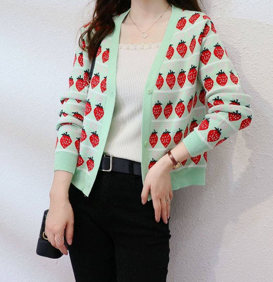 Strawberry Short Sweater Cardigan Jacket Women Korean Style Loose
