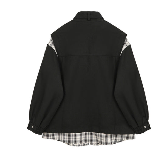 Contrasting Color Stitching Plaid Fake Two-piece Denim Jacket Women