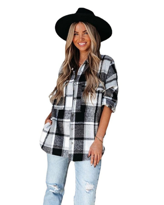 Long Sleeved Thick Cashmere Plaid Shirt Loose Casual Shirt Jacket Women