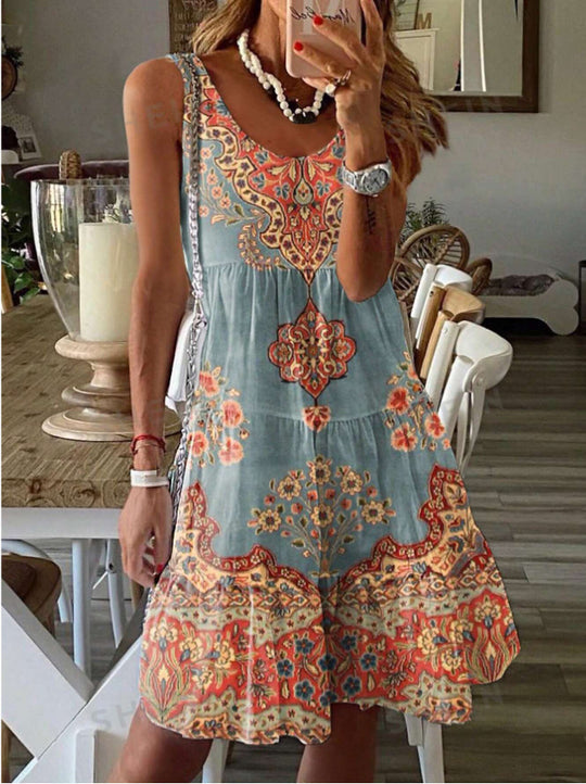 Summer Printed Sleeveless Vest Dress Holiday Floral Print Dress Women