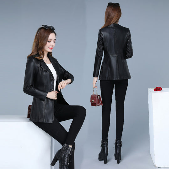 Short Leather Jacket Women Suit Collar Slim Fit