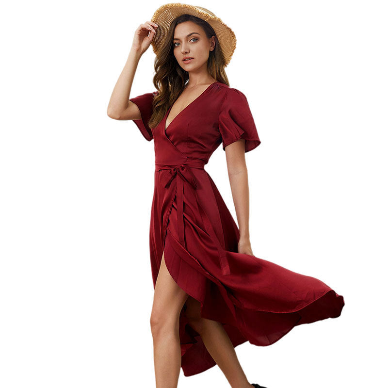 Senior Satin Asymmetric Solid Color Dress Summer Women