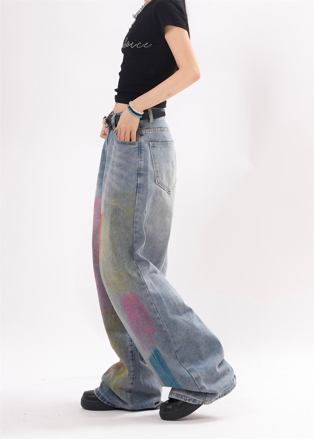 Splash Ink Loose Denim Trousers Men And Women