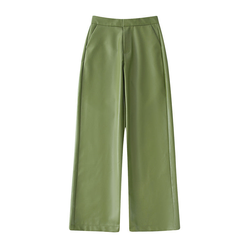 Single Breasted Casual Imitation Leather Suit Jacket Trousers Suit Women