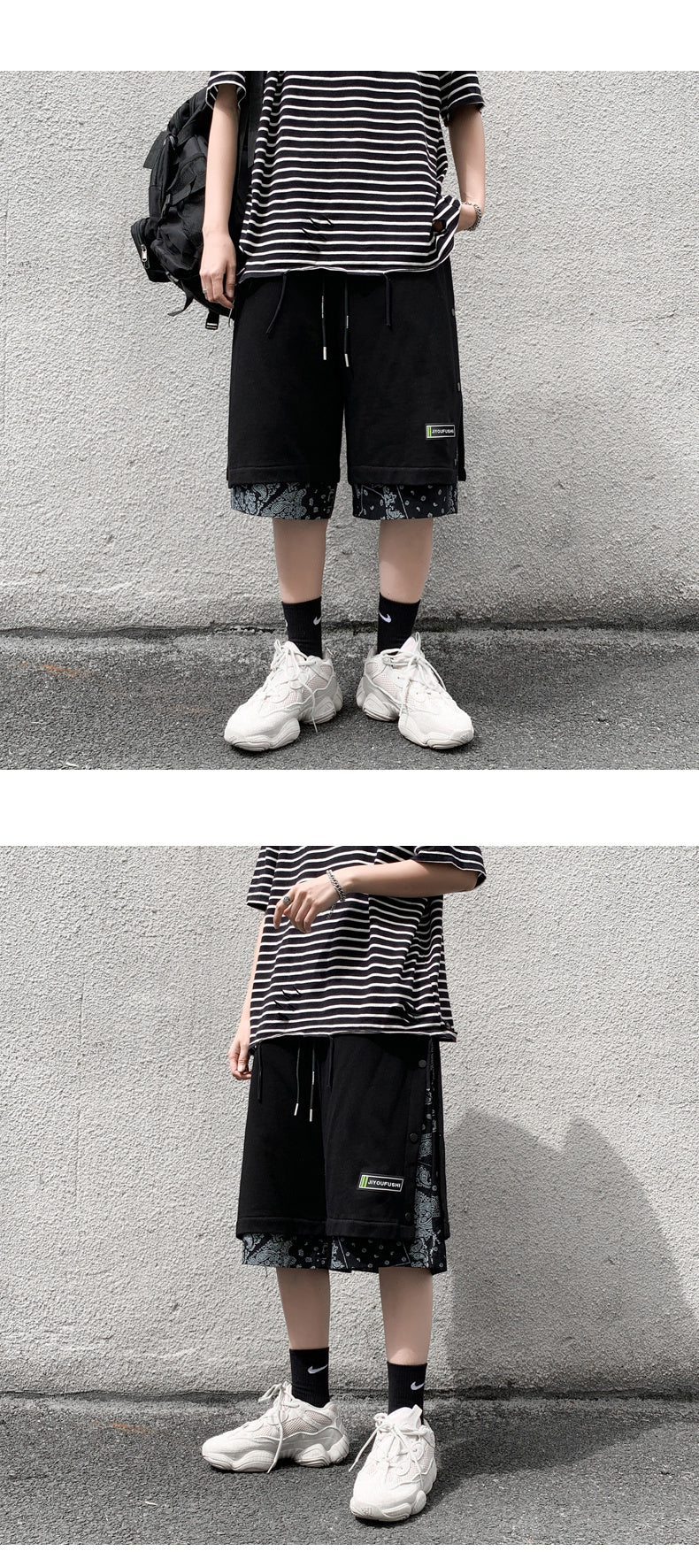 Hong Kong Style Breasted Shorts Men''s Hip Hop Cashew Flower Stitching Loose Fashion