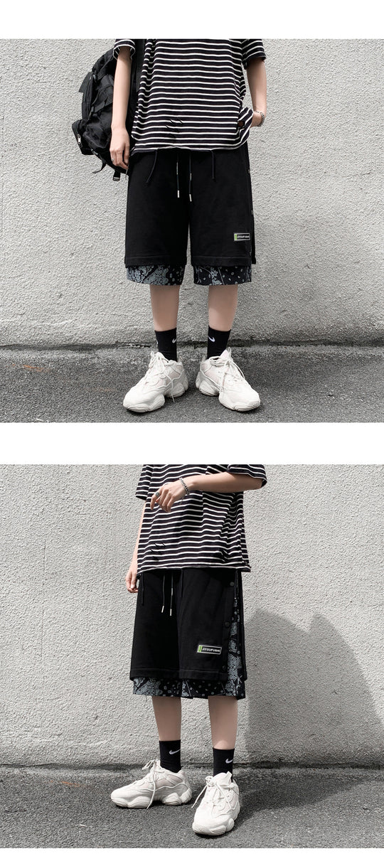 Hong Kong Style Breasted Shorts Men''s Hip Hop Cashew Flower Stitching Loose Fashion