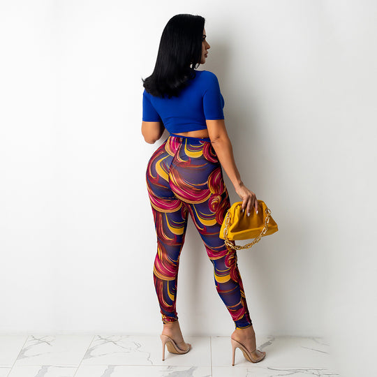Sexy Mesh Printed Trousers Women Two-Piece Suit
