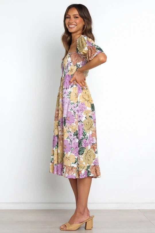 Foreign Trade In Stock Cross-border Spring And Summer New Ruffle Sleeve Big Flower Print Elastic Casual Dress For Women