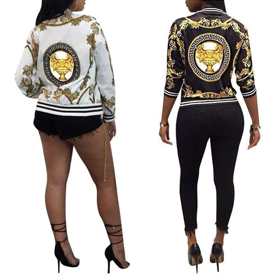 Women Positioning Printed Zipper Jacket Baseball Uniform Collar Coat