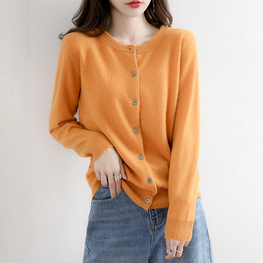 Round Neck Knitted Cardigan Women Loose Solid Color Jacket