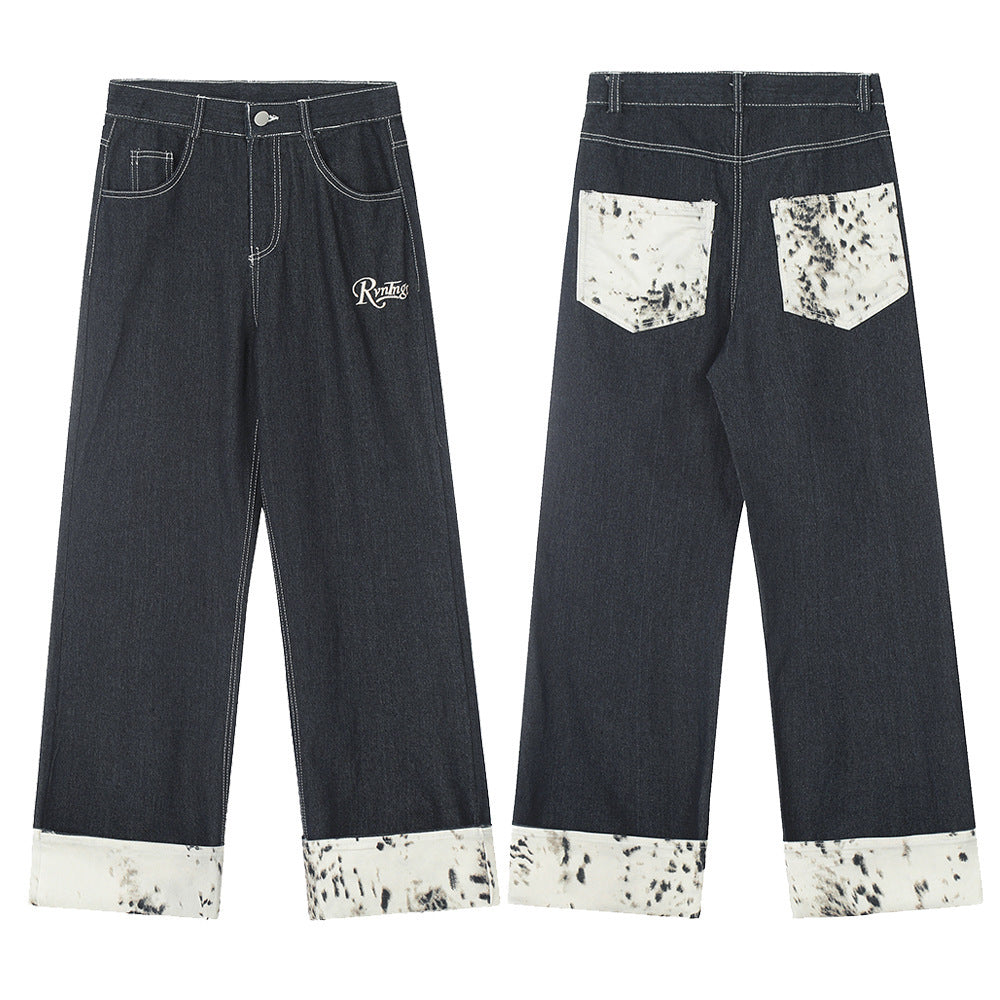 Fashion Stitching Denim Straight-leg Trousers Men