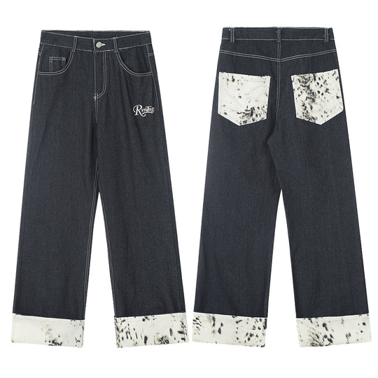 Fashion Stitching Denim Straight-leg Trousers Men