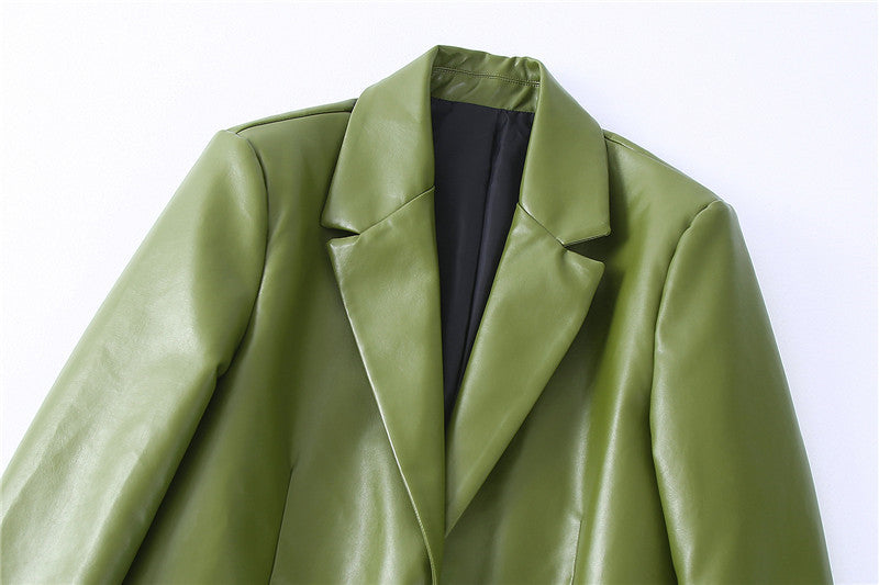 Single Breasted Casual Imitation Leather Suit Jacket Trousers Suit Women