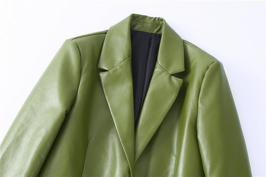 Single Breasted Casual Imitation Leather Suit Jacket Trousers Suit Women