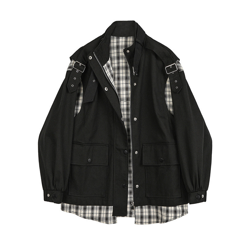 Contrasting Color Stitching Plaid Fake Two-piece Denim Jacket Women