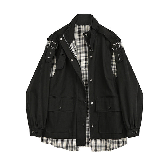 Contrasting Color Stitching Plaid Fake Two-piece Denim Jacket Women