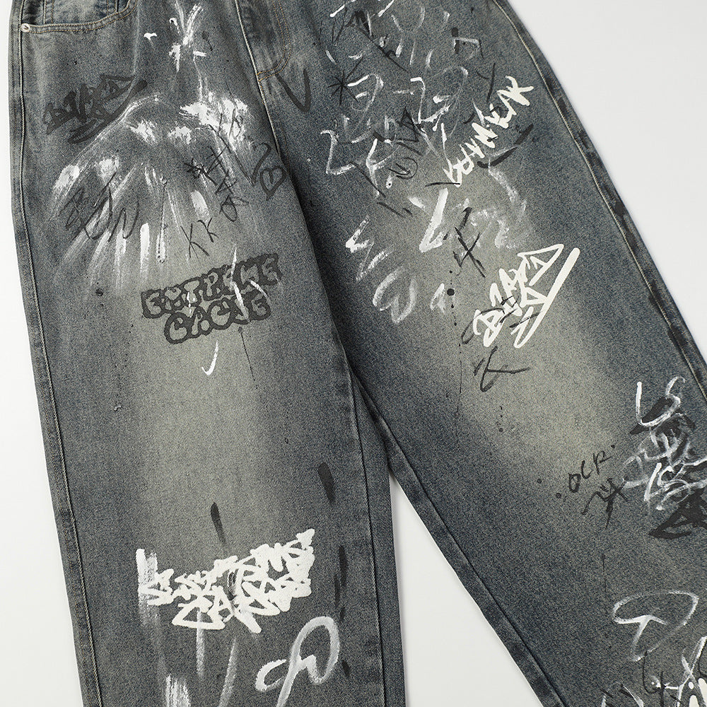 Fashion Graffiti Denim Straight-leg Trousers Men