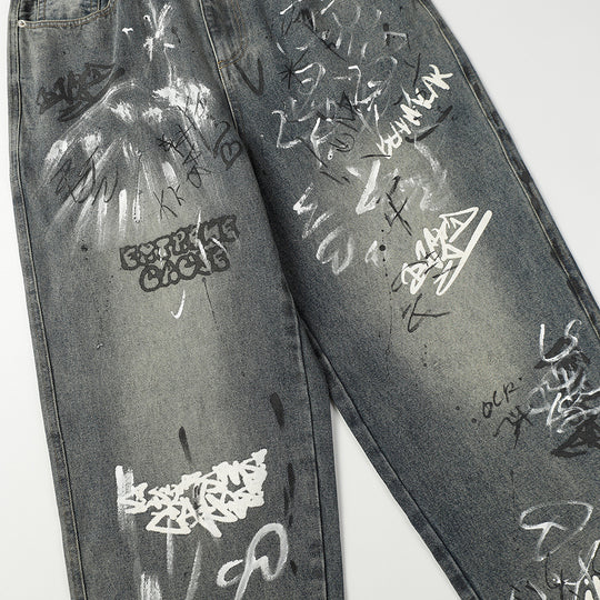 Fashion Graffiti Denim Straight-leg Trousers Men
