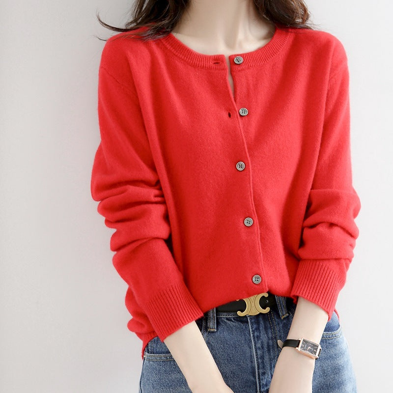 Round Neck Knitted Cardigan Women Loose Solid Color Jacket