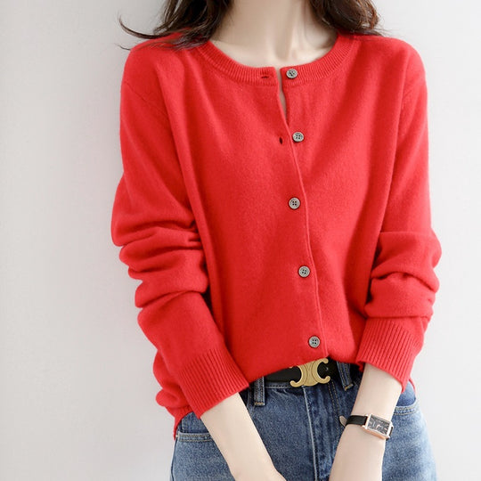 Round Neck Knitted Cardigan Women Loose Solid Color Jacket