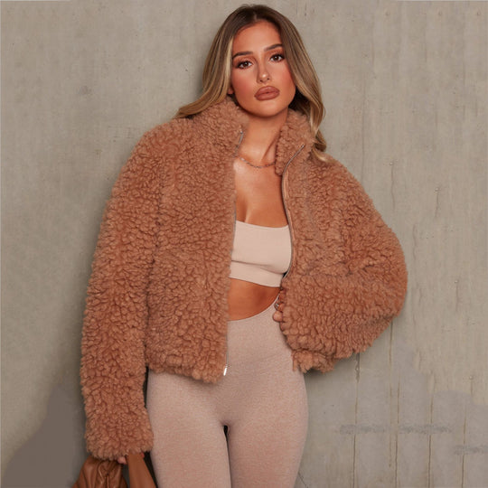 Fashion Plush Cardigan Short Jacket Women Lamb Wool Coat