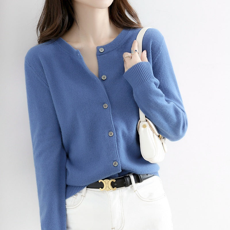 Round Neck Knitted Cardigan Women Loose Solid Color Jacket