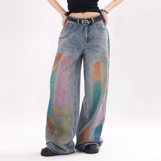 Splash Ink Loose Denim Trousers Men And Women