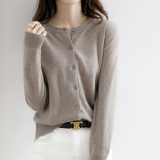 Round Neck Knitted Cardigan Women Loose Solid Color Jacket