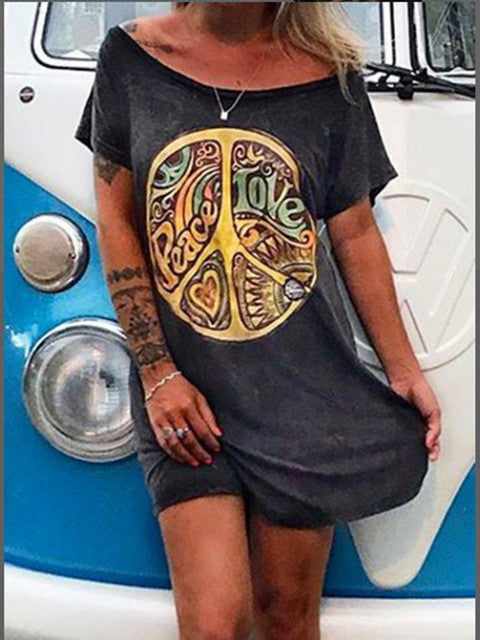 Summer Casual Black Color Vintage Print Women Dress