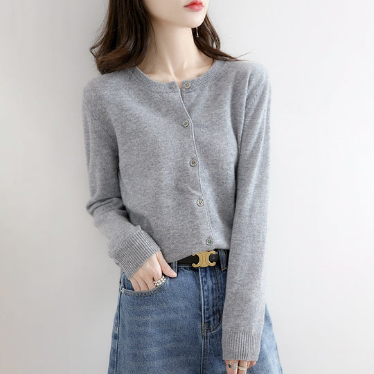 Round Neck Knitted Cardigan Women Loose Solid Color Jacket