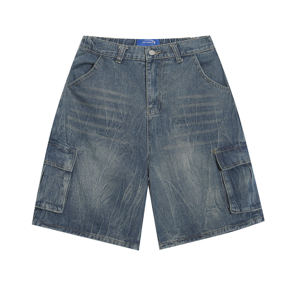 Distressed Washed Denim Cargo Pants Shorts For Men