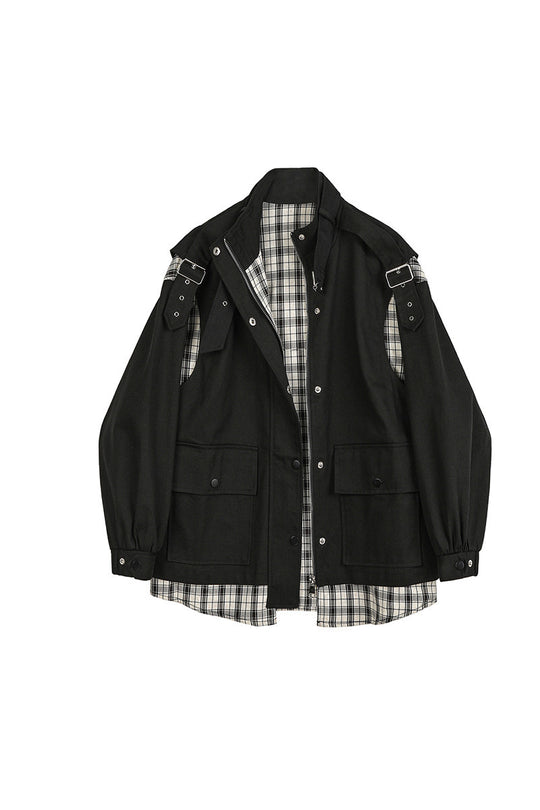 Contrasting Color Stitching Plaid Fake Two-piece Denim Jacket Women