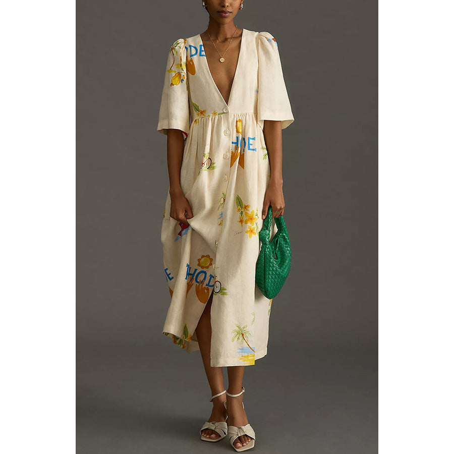 European And American Spring And Summer New Casual Five-point Puff Sleeve Dress INS Loose Vacation Dress For Women